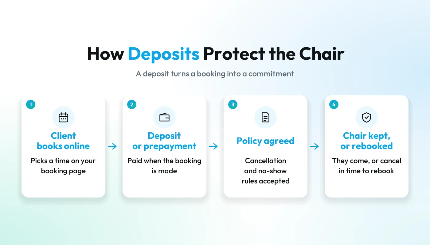 How deposits protect the chair: client books online, pays a deposit, agrees the policy, and the chair is kept or rebooked